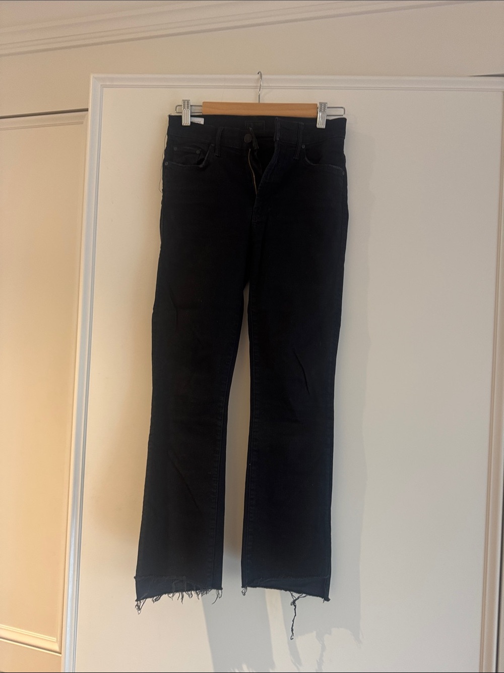 MOTHER Black Flare Jeans with Frayed Hem